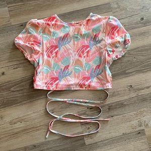 tropical print backless tie around crop top